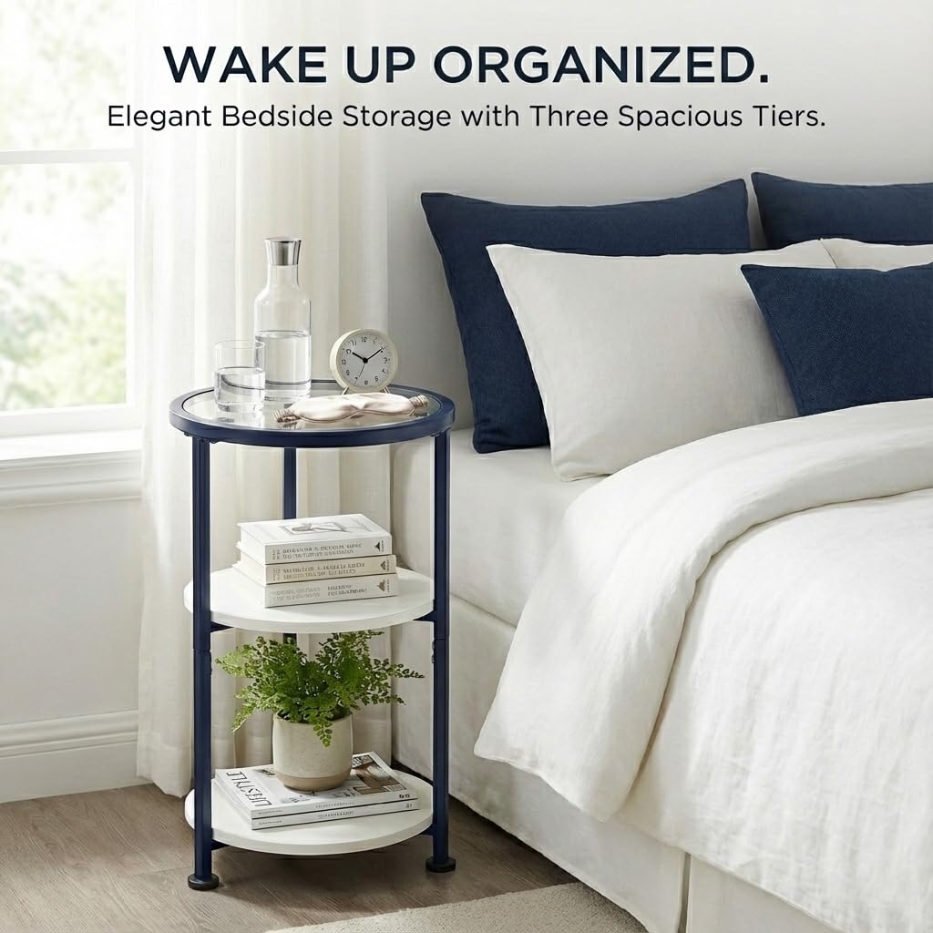 ZEXVIDA 3-Tier Round Side Table with Tempered Glass Top, Navy Blue - image 4