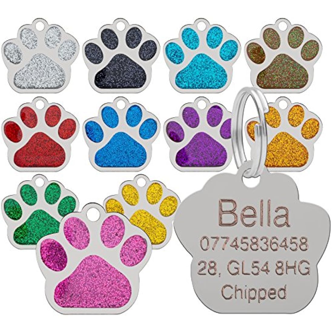 LARRYROO Personalized Glitter Paw Pet ID Tag | Engraved Stainless Steel