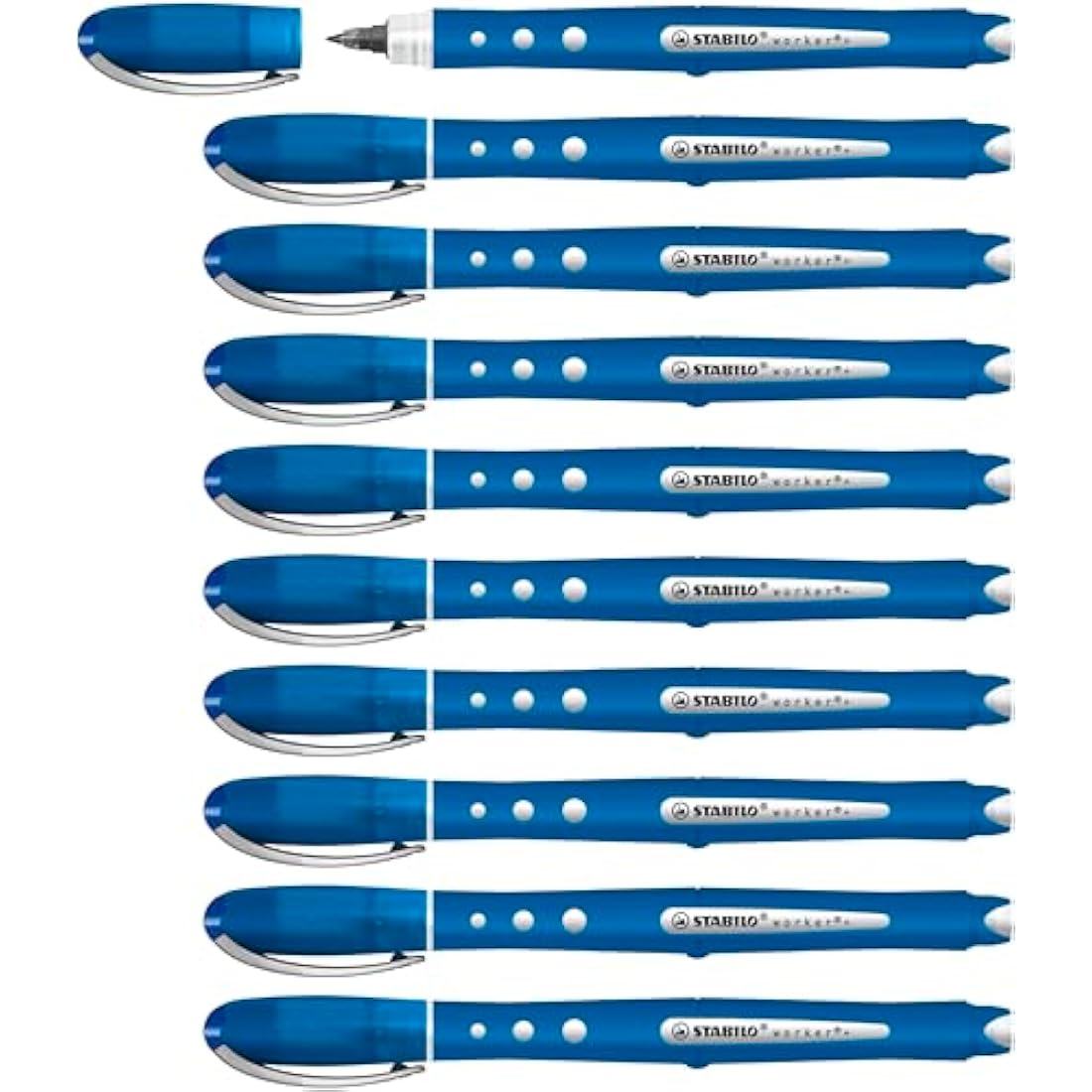 STABILO Worker+ Colorful Rollerball Pen - 0.5mm Liquid Ink - Blue, 10 Pack