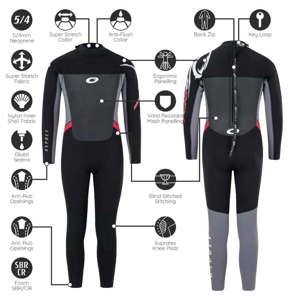 Osprey Boys 5mm Winter Wetsuit | Kids Full Length Neoprene Suit - Red