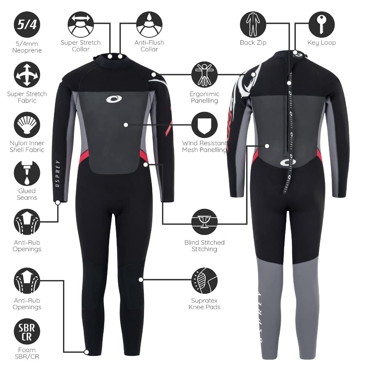 Osprey Boys 5mm Winter Wetsuit | Kids Full Length Neoprene Suit - Red