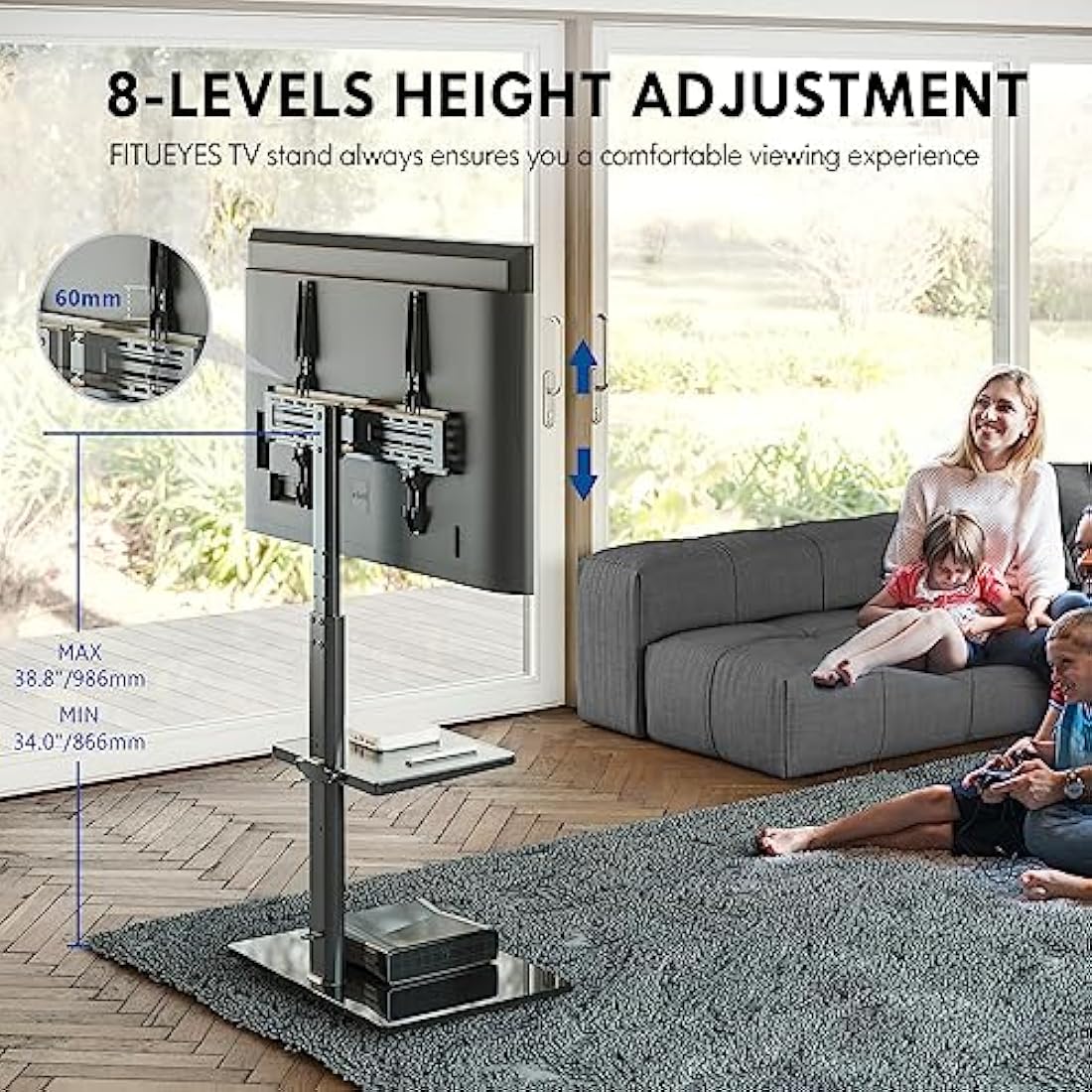 FITUEYES TV Floor Stand | Swivel Mount for 32-60 inch TVs with Shelf