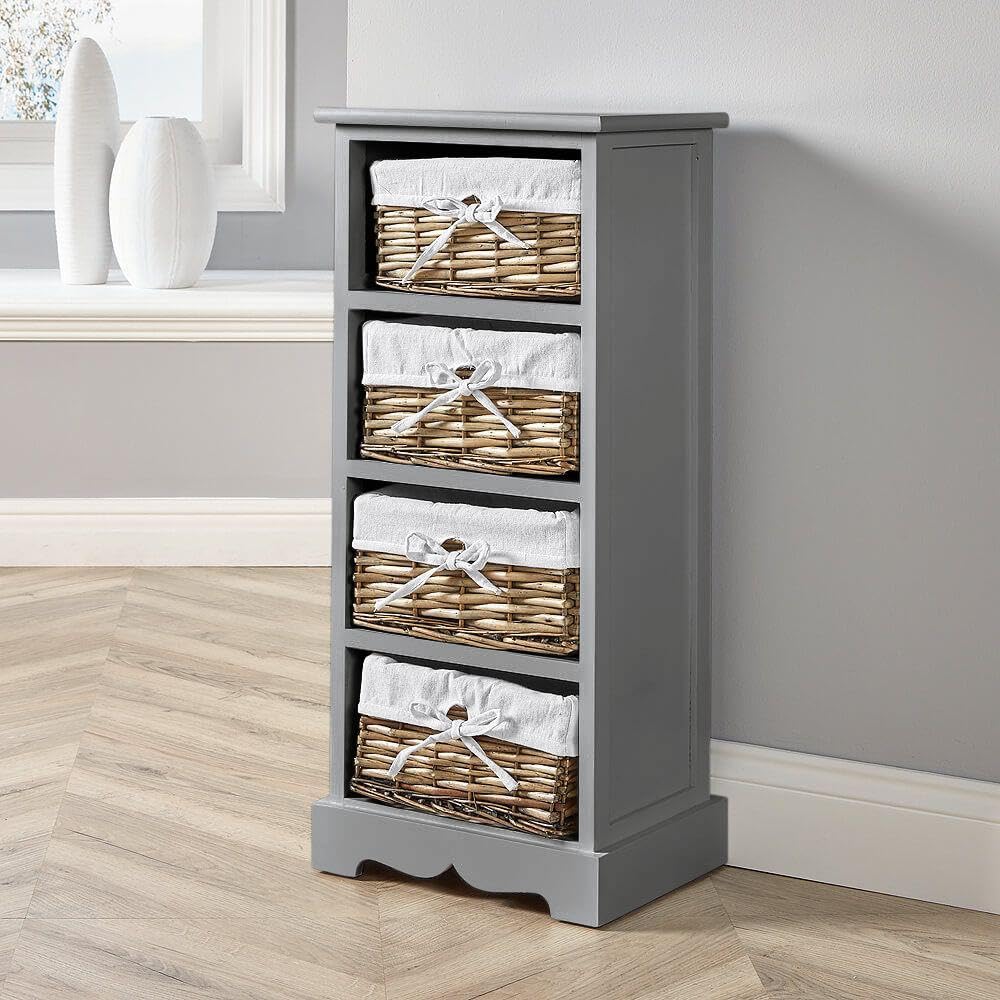Jolof Store 4 Drawer Grey Wooden Storage Unit | Woven Willow Baskets