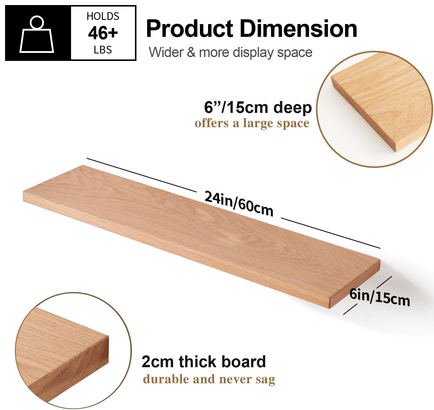 Gieanoo 60cm Solid Oak Wood Floating Shelf | Rustic Wall Mounted Ledge