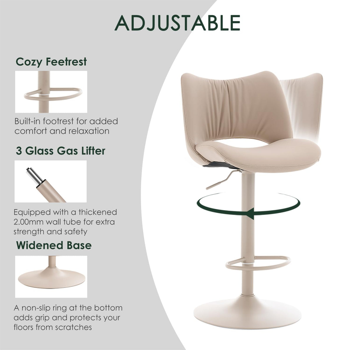 YOUNUOKE Bar Stools Set of 2, Adjustable Breakfast Bar Stools, All Khaki - image 5