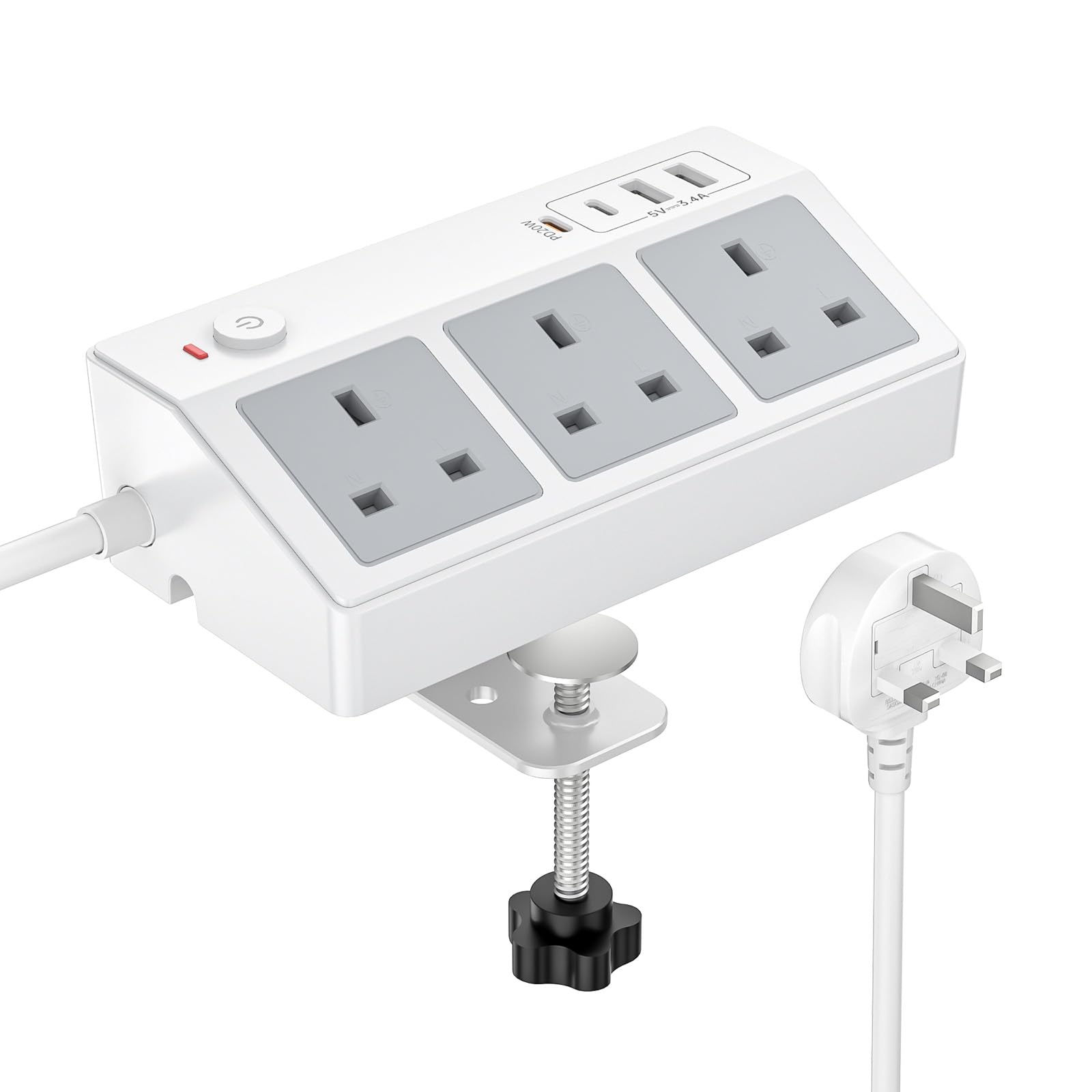 PASSUS Desk Power Station – 3 Way Socket with 20W USB C Fast Charging