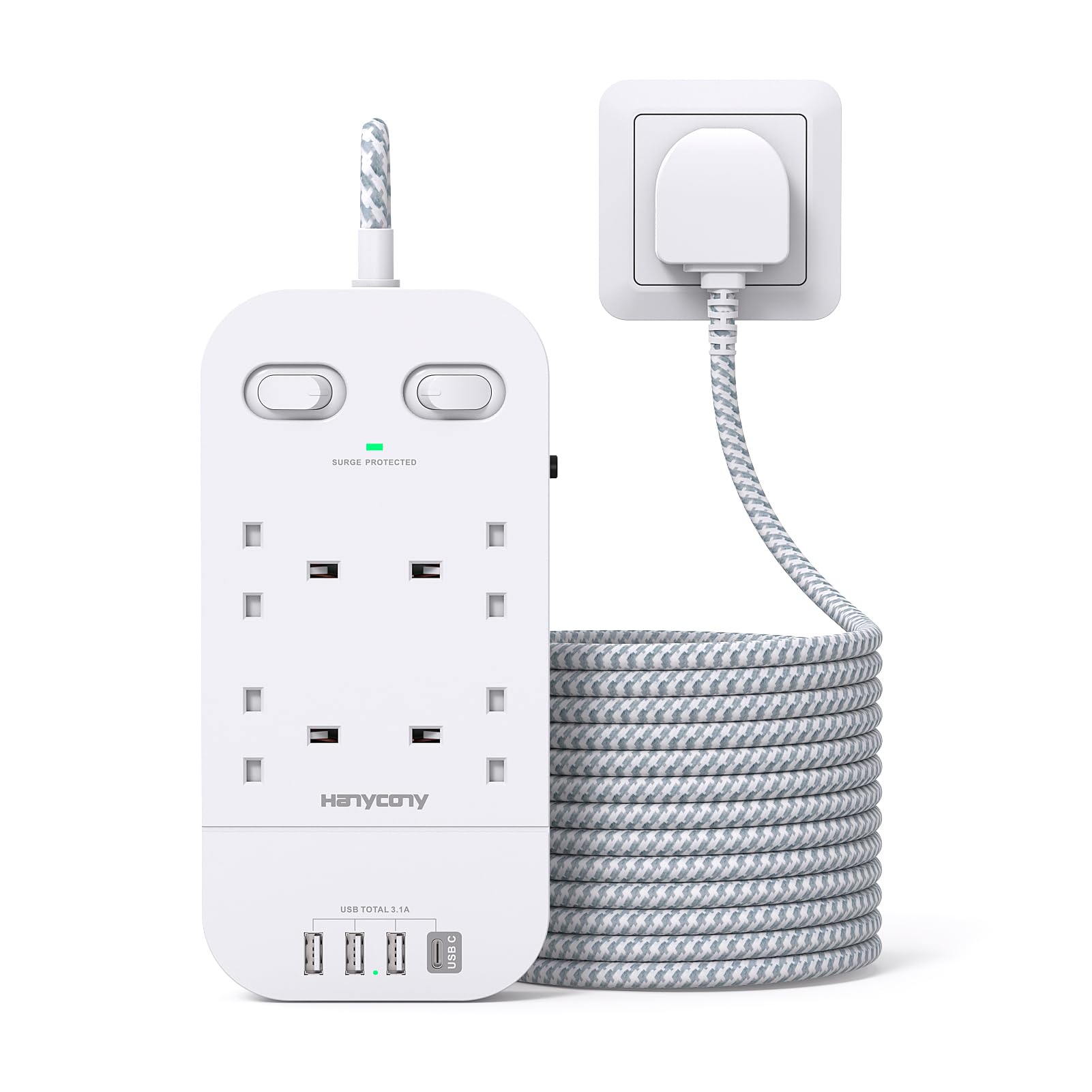 Jolof Store 4-Way Power Strip with 4 USB Slots & 3M Surge Protection