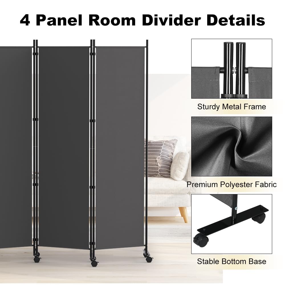 HIDODO 4 Panel Room Divider Folding Privacy Screen, Freestanding Room Partition with Lockable Wheels, Portable Wall Divider for Room Separation - image 5