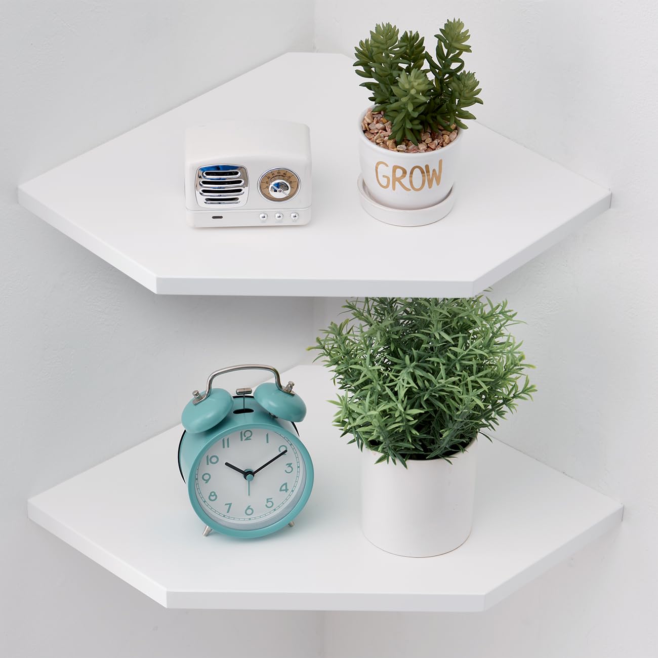 GIEANOO Solid Oak Wood Floating Corner Shelves | Set of 2 White Wall Mount