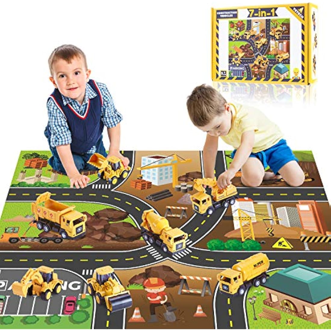 Yetech 7-in-1 Construction Vehicle Toy Set with Play Mat for Toddlers