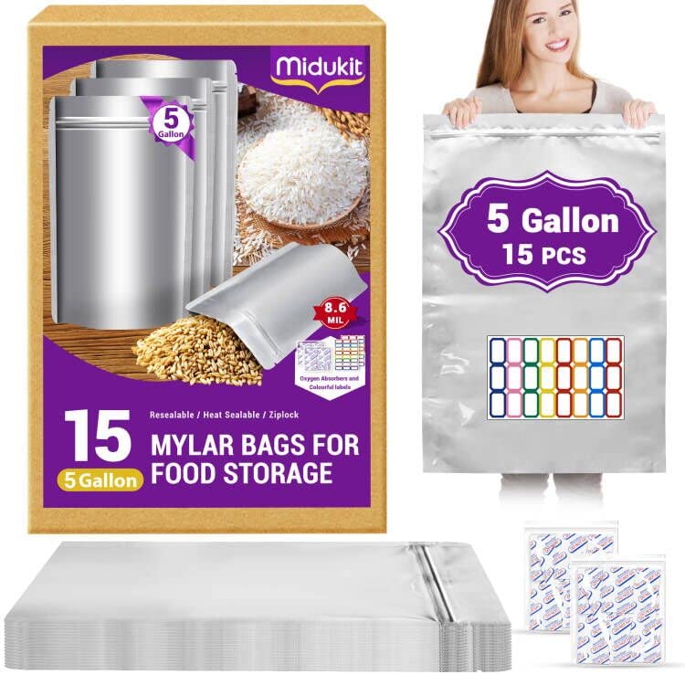 Midukit 5 Gallon Mylar Bags for Food Storage with Oxygen Absorbers – 15 Pack