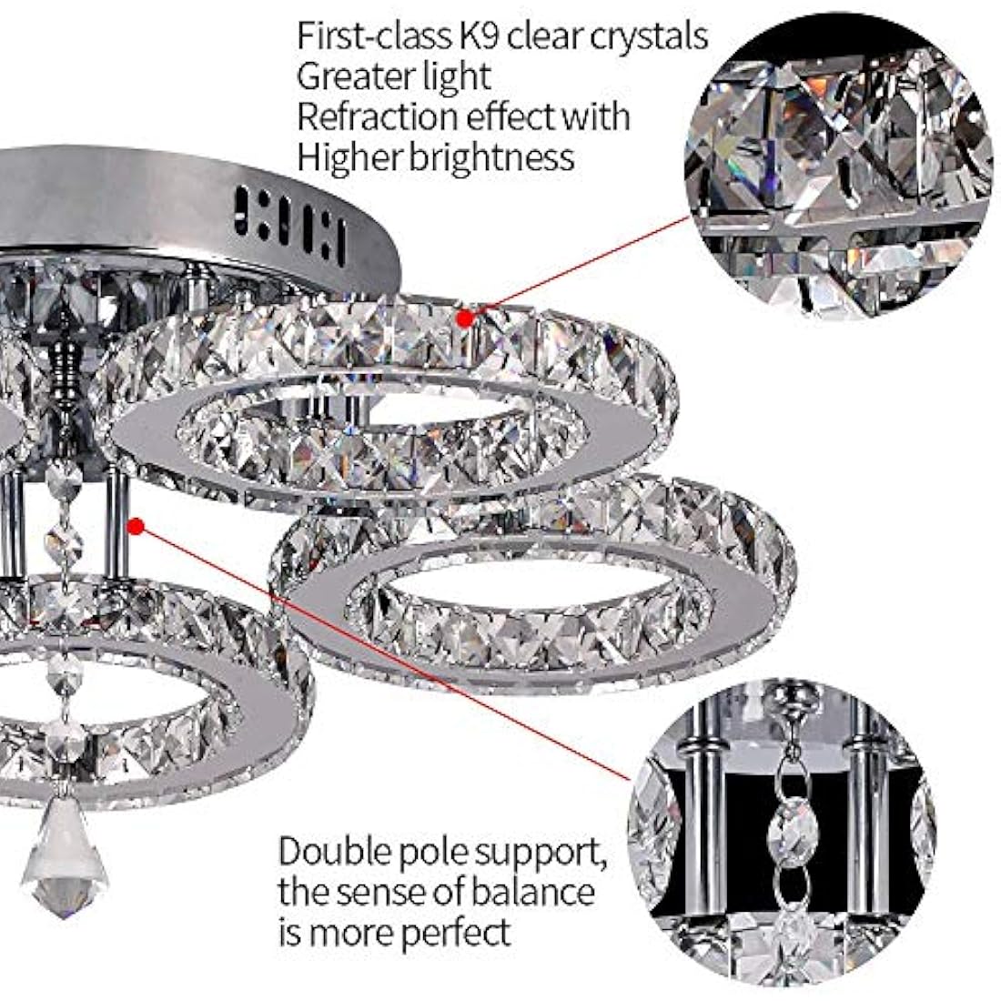 Modern Crystal Chandelier – 5 Ring LED Flush Mount Light