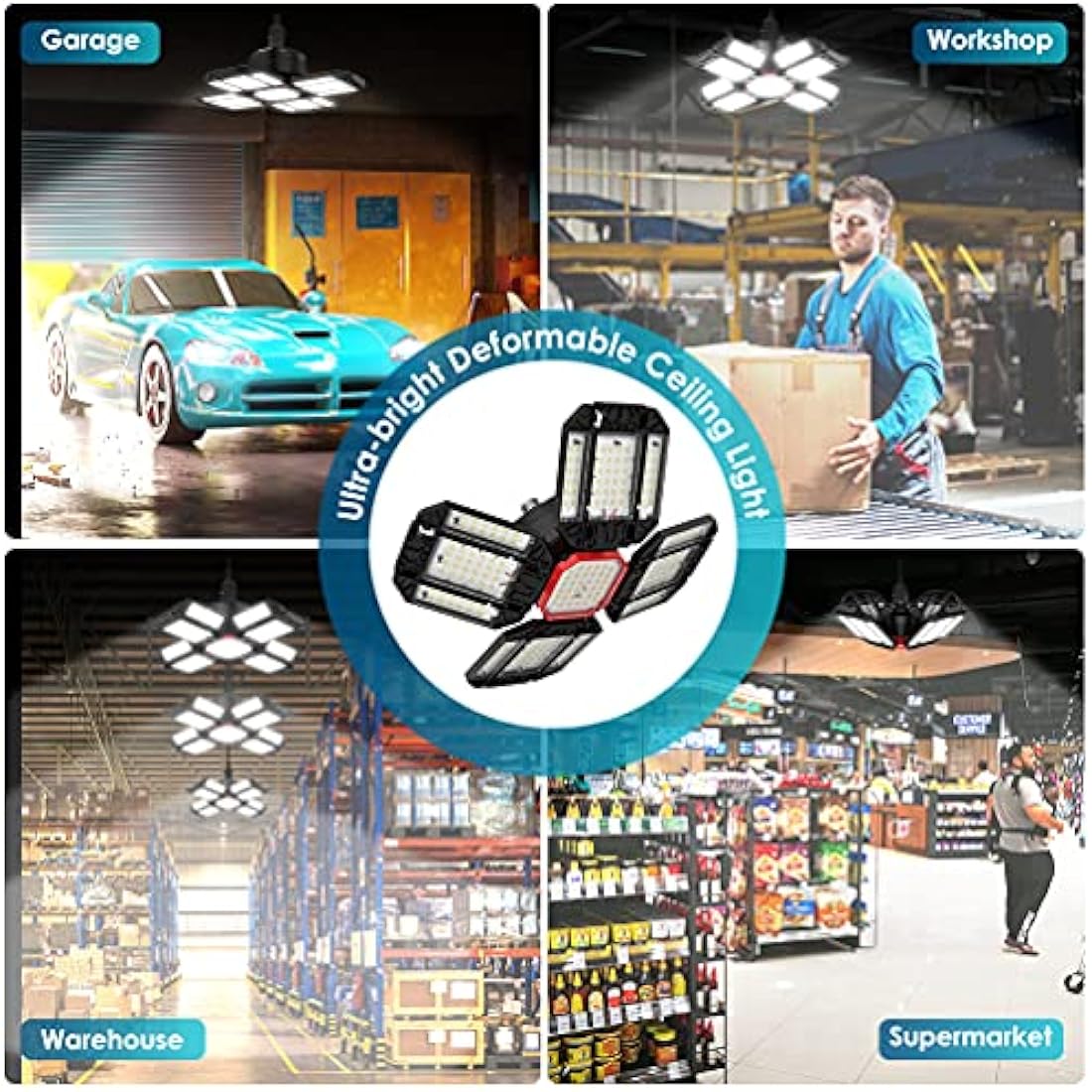Rafow 200W LED Garage Light 2-Pack | 20000LM 12-Panel Deformable Ceiling Lamp