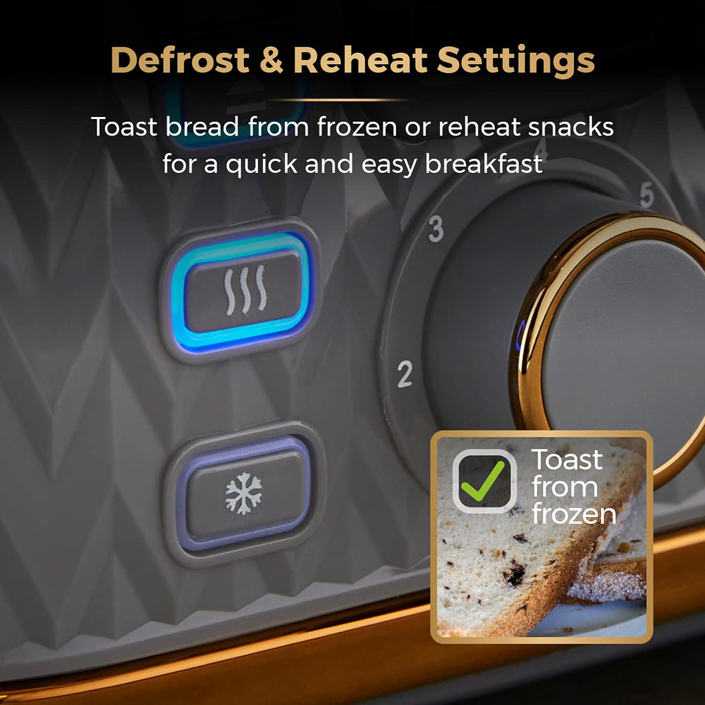 Tower Empire 4-Slice Toaster | 1600W with Defrost & Reheat - Grey/Brass