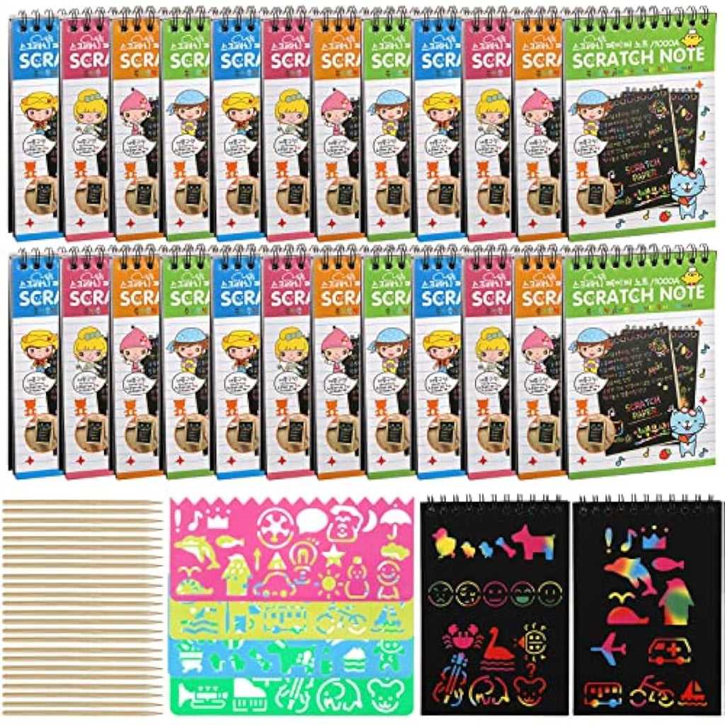 Jolof Store Rainbow Scratch Paper Art Notebooks - 24 Pack with Stencils