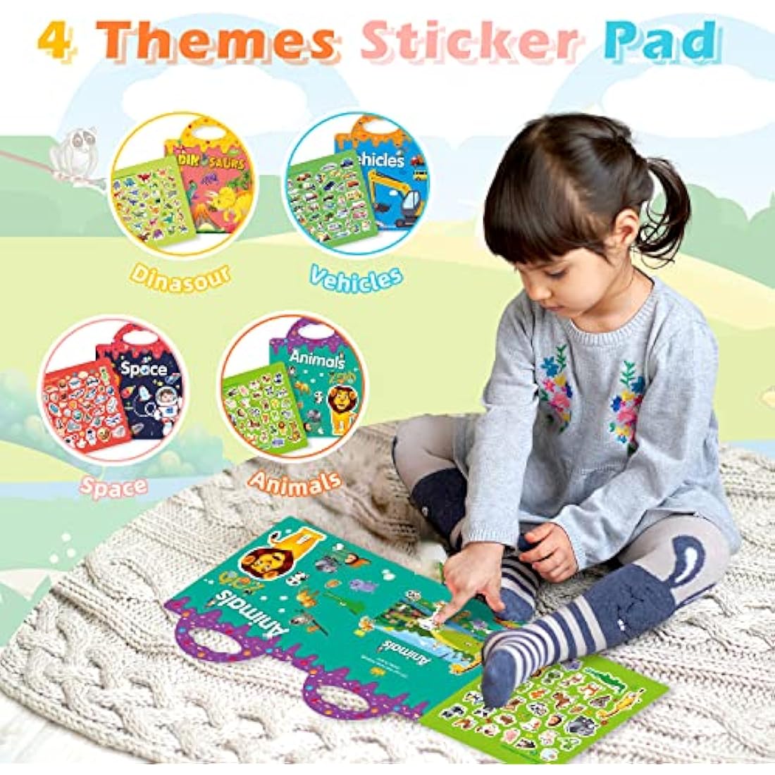 GUYUCOM 4 Pack Reusable Sticker Books | 3D Animal & Dinosaur Learning Toys