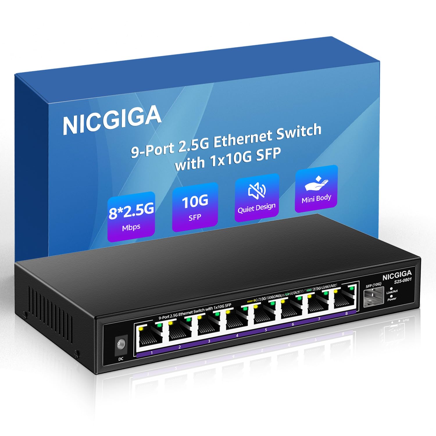 NICGIGA 8 Port 2.5G Ethernet Switch with 10G SFP Uplink | Fanless Metal