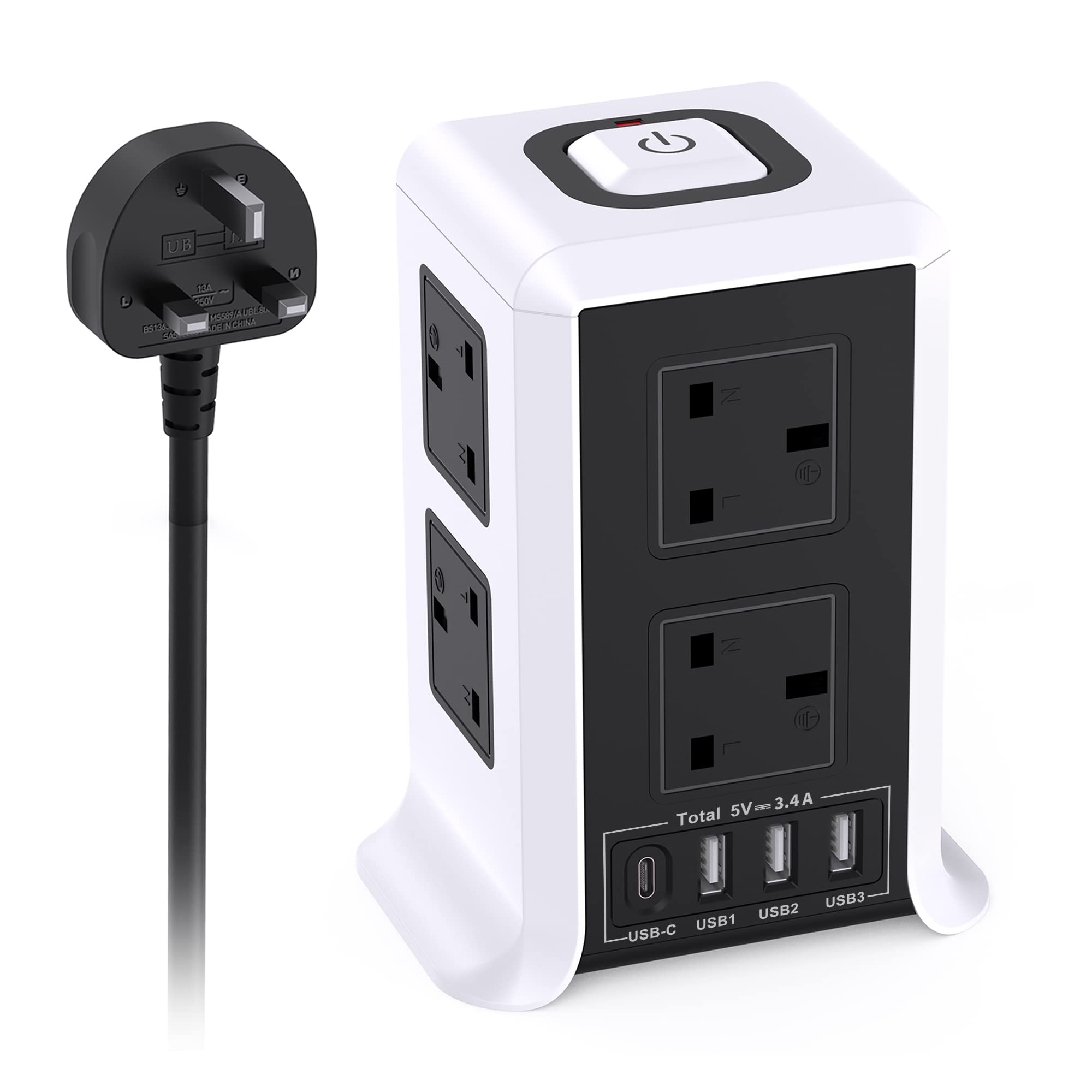 8-Outlet Power Tower – Surge Protector with USB-C & 2M Cord