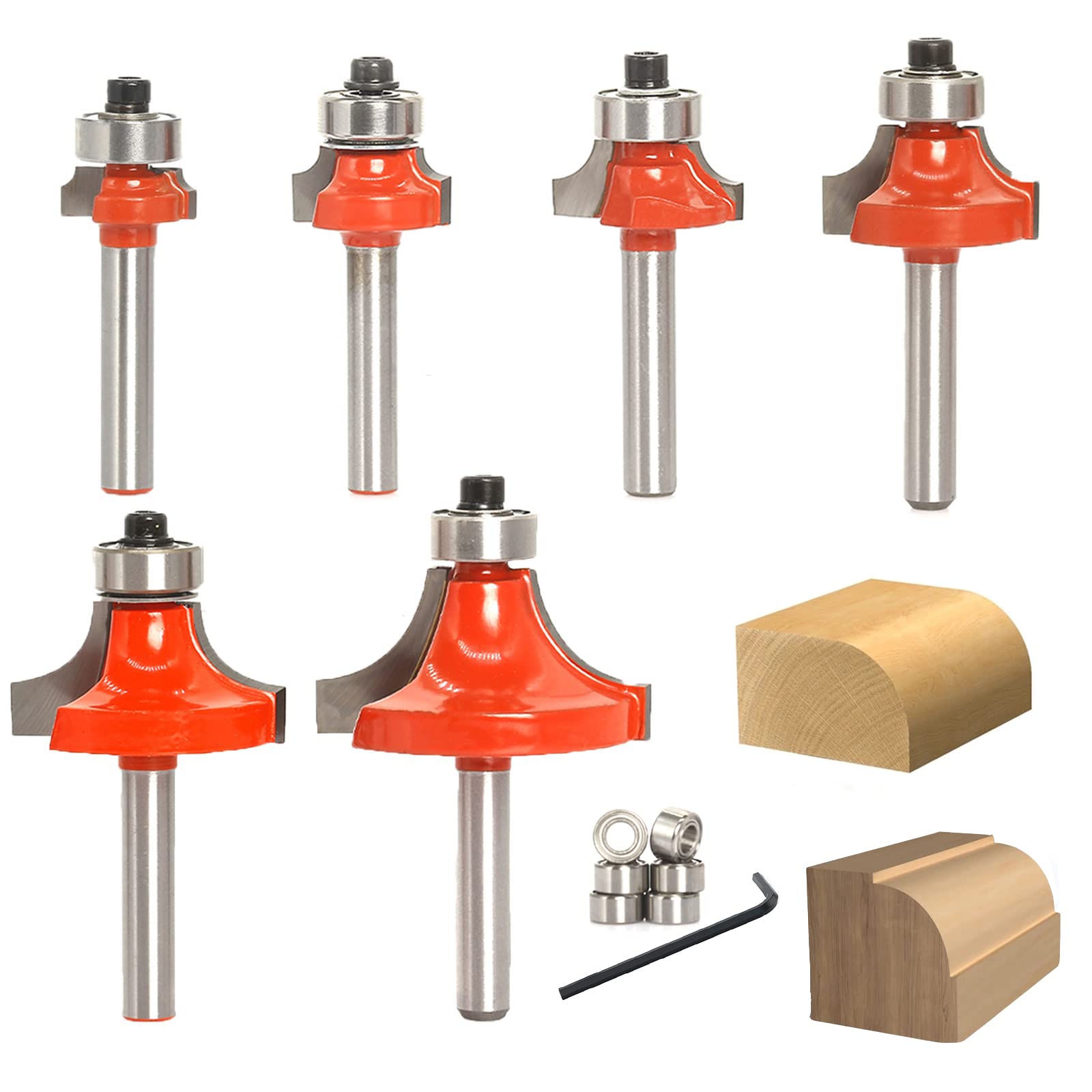 Sinoprotools 6-Piece Roundover & Beading Router Bit Set, 1/4" Shank