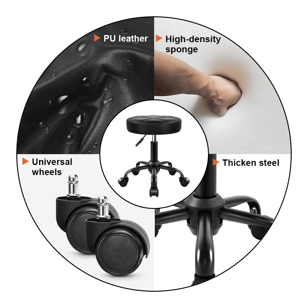 KKTONER Rolling Stool Chair PU Leather Height Adjustable Round Stool with Wheels Chair for Salon Spa Drafting Small Black