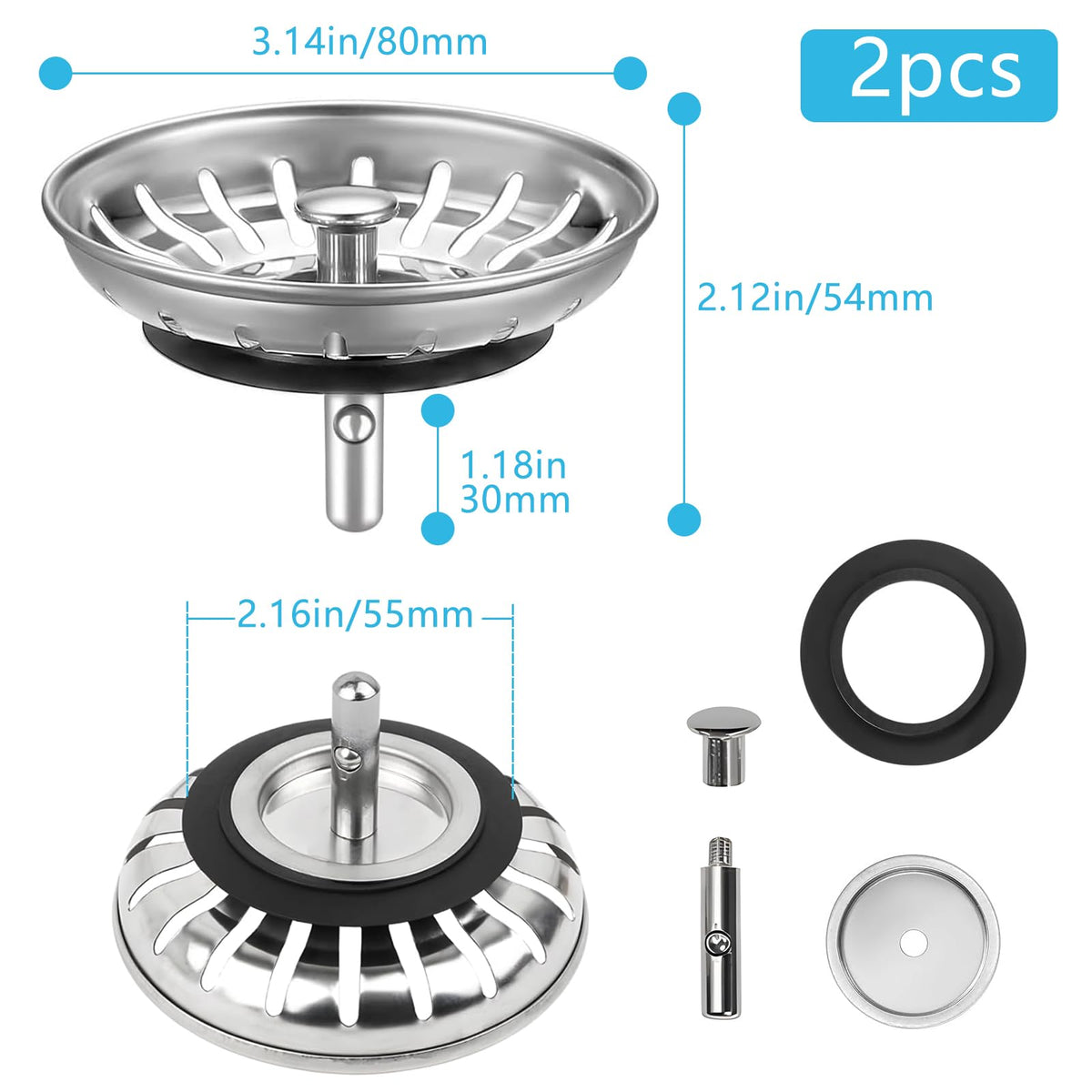 2 Pack Kitchen Sink Strainer, Stainless Steel Sink Plug Replacement, Sink Drain Stopper 3.15 Inch, Hole Diameter 80mm - image 2