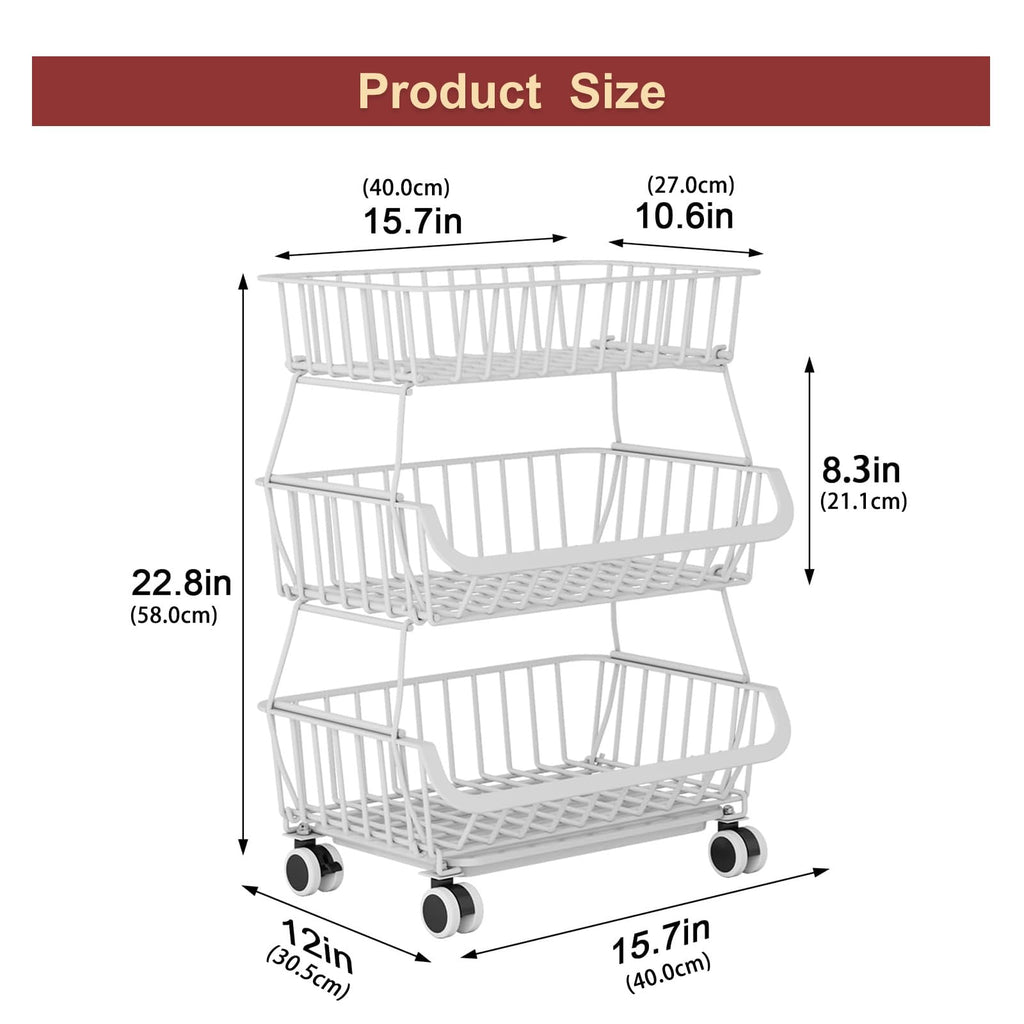 Miyawell 3-Tier Rolling Pantry Cart with Wheels, Stackable Wire Storage Floor Organizer for Kitchen Pantry Snack Shelves, Fruit Basket Stand - image 2