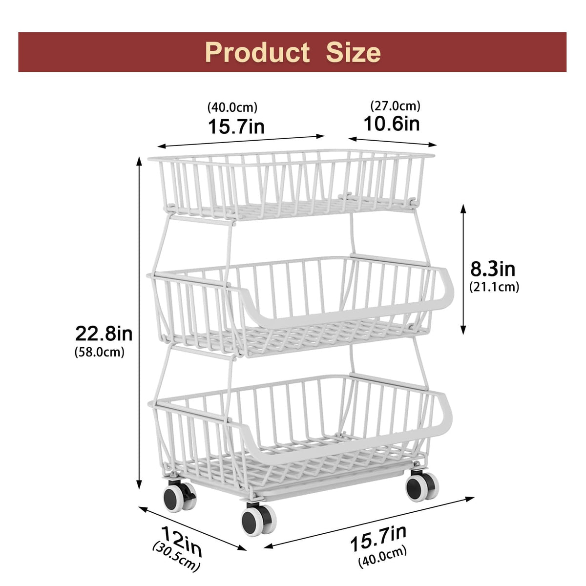 Miyawell 3-Tier Rolling Pantry Cart with Wheels, Stackable Wire Storage Floor Organizer for Kitchen Pantry Snack Shelves, Fruit Basket Stand - image 2