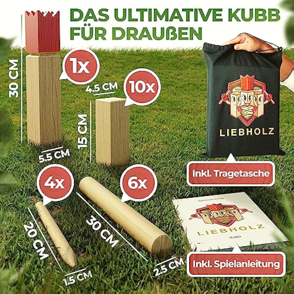 Liebholz® Kubb Wikingerspiel – FSC Gummibaumholz XL Set mit Tasche