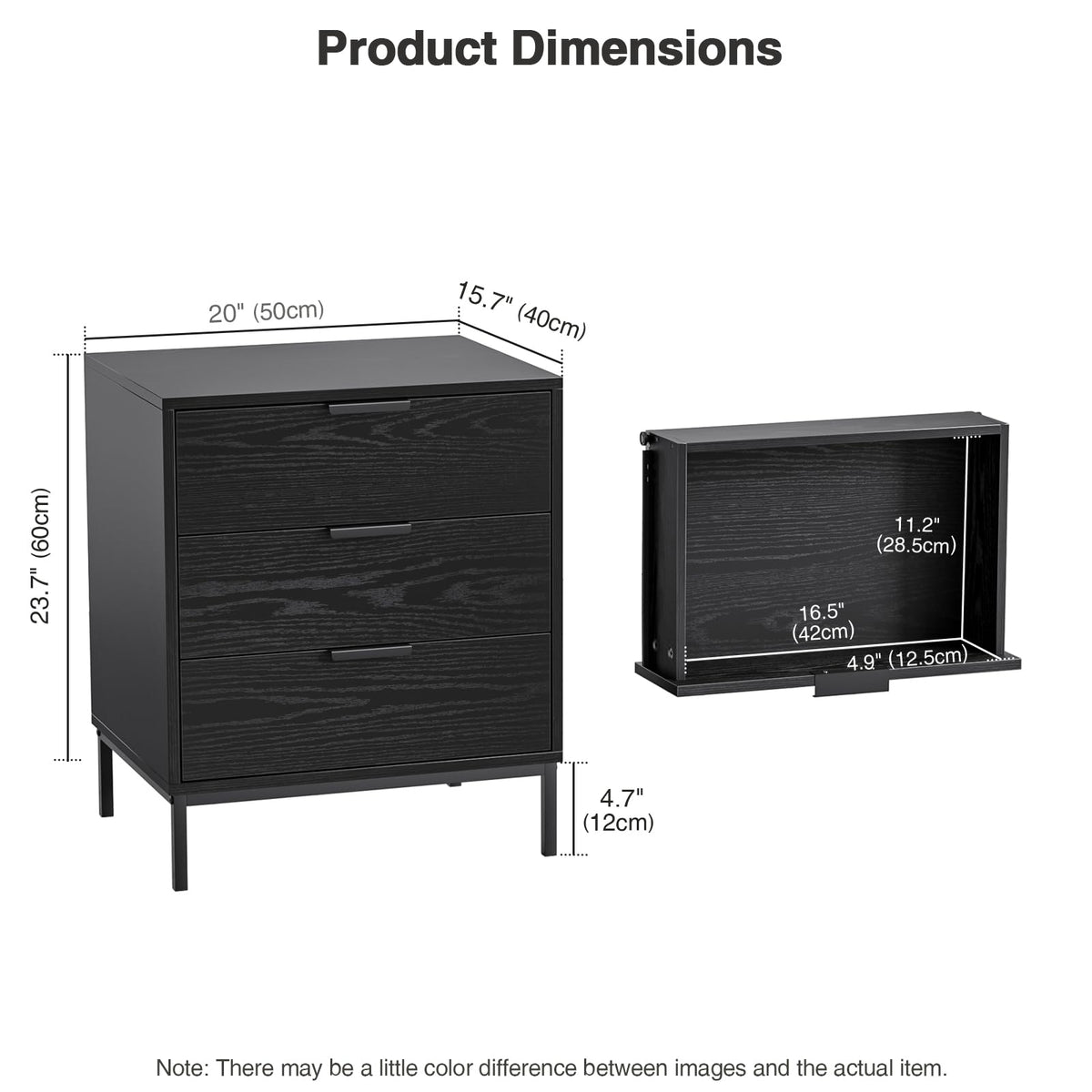 Skokliz Bedside Table with 3 Drawers, Black Nightstand for Bedroom, Wood Modern End Table for Living Room, Small Spaces, 50x40x60cm - image 2