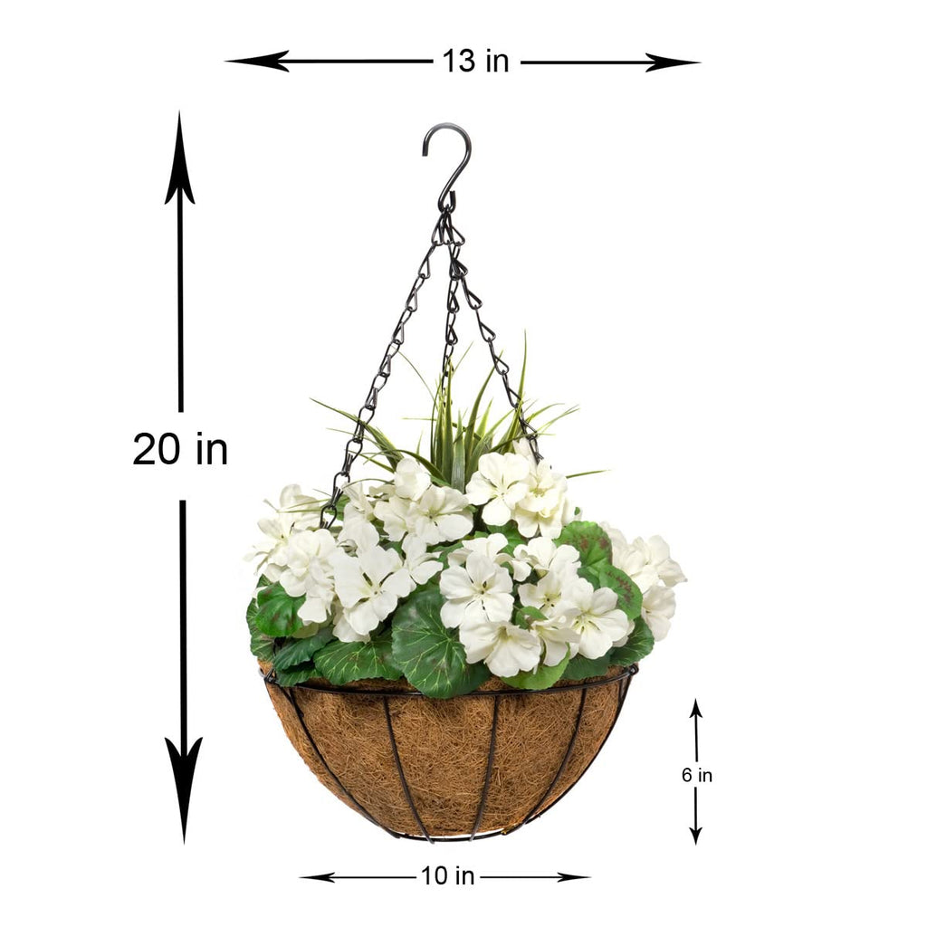GreenBrokers Artificial White Geranium Hanging Coir Baskets – Set of 2