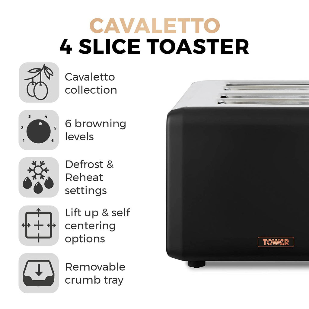 Tower Cavaletto 4-Slice Toaster | Black & Rose Gold Stainless Steel