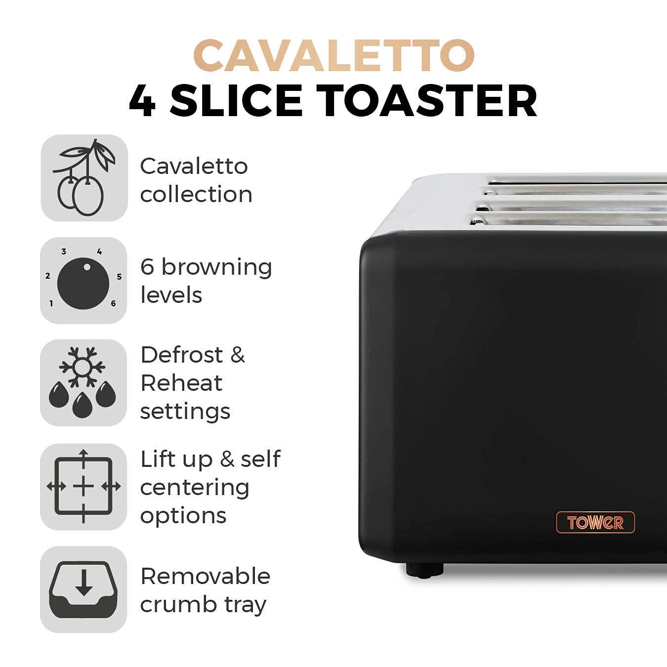 Tower Cavaletto 4-Slice Toaster | Black & Rose Gold Stainless Steel