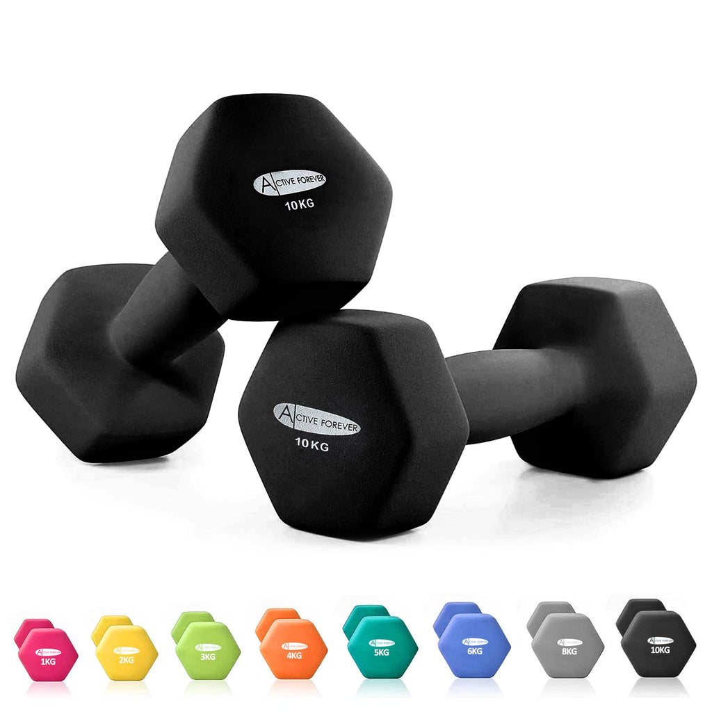 ACTIVE FOREVER Neoprene Hex Dumbbells - 10kg Set of 2, Non-Slip Black