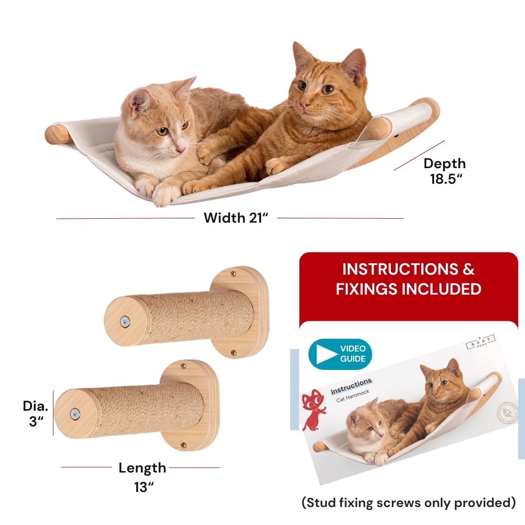 7 Ruby Road Wall Mounted Cat Hammock with 2 Steps - Modern Wood Perch
