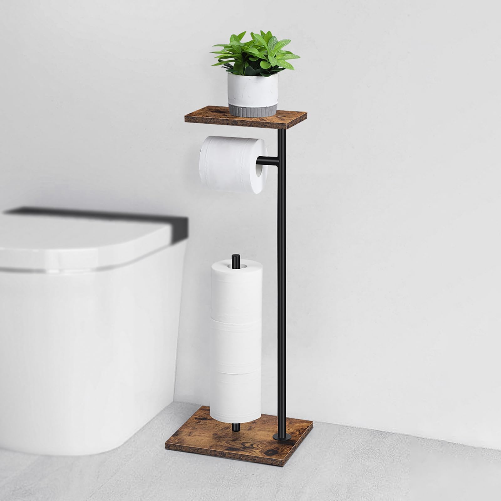UOMIO Freestanding Toilet Roll Holder Stand with Wooden Storage Shelf