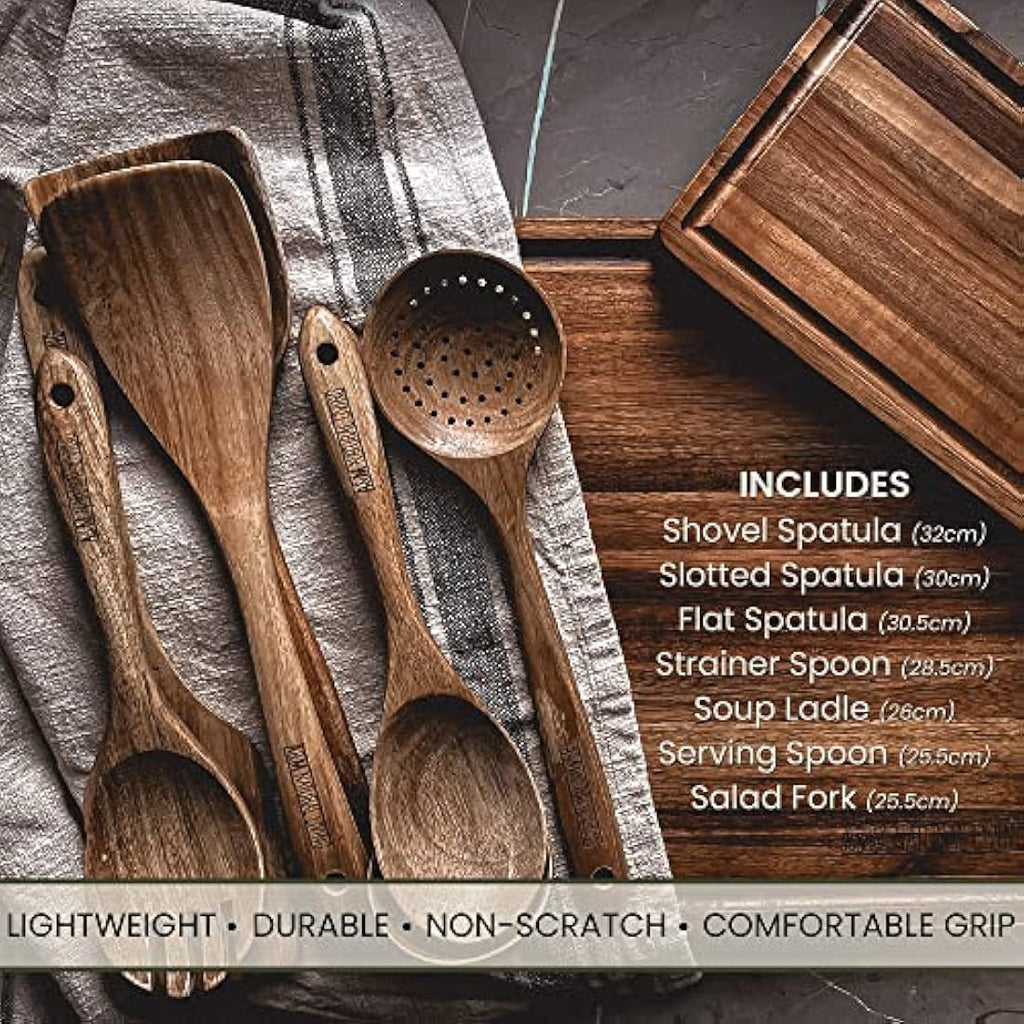A&M Natural Living Acacia Wood Kitchen Utensils - 7 Piece Cooking Set