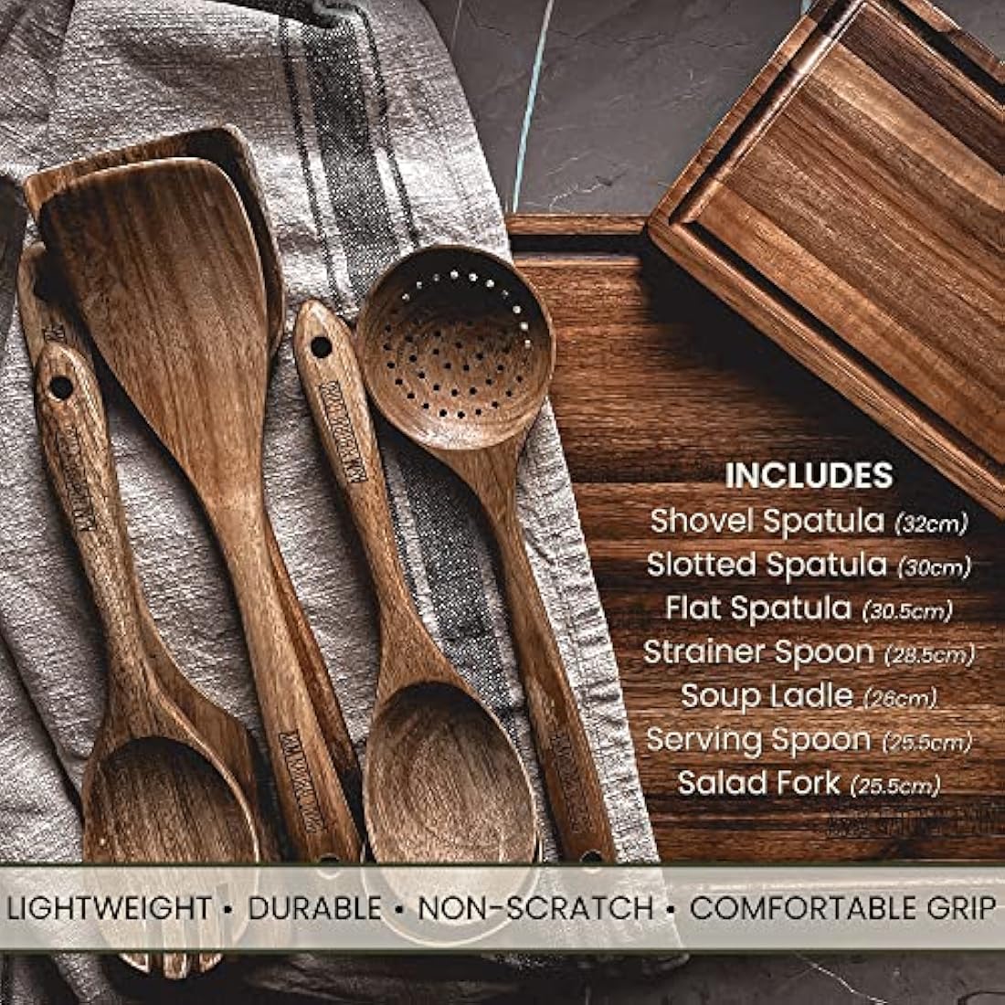 A&M Natural Living Acacia Wood Kitchen Utensils - 7 Piece Cooking Set