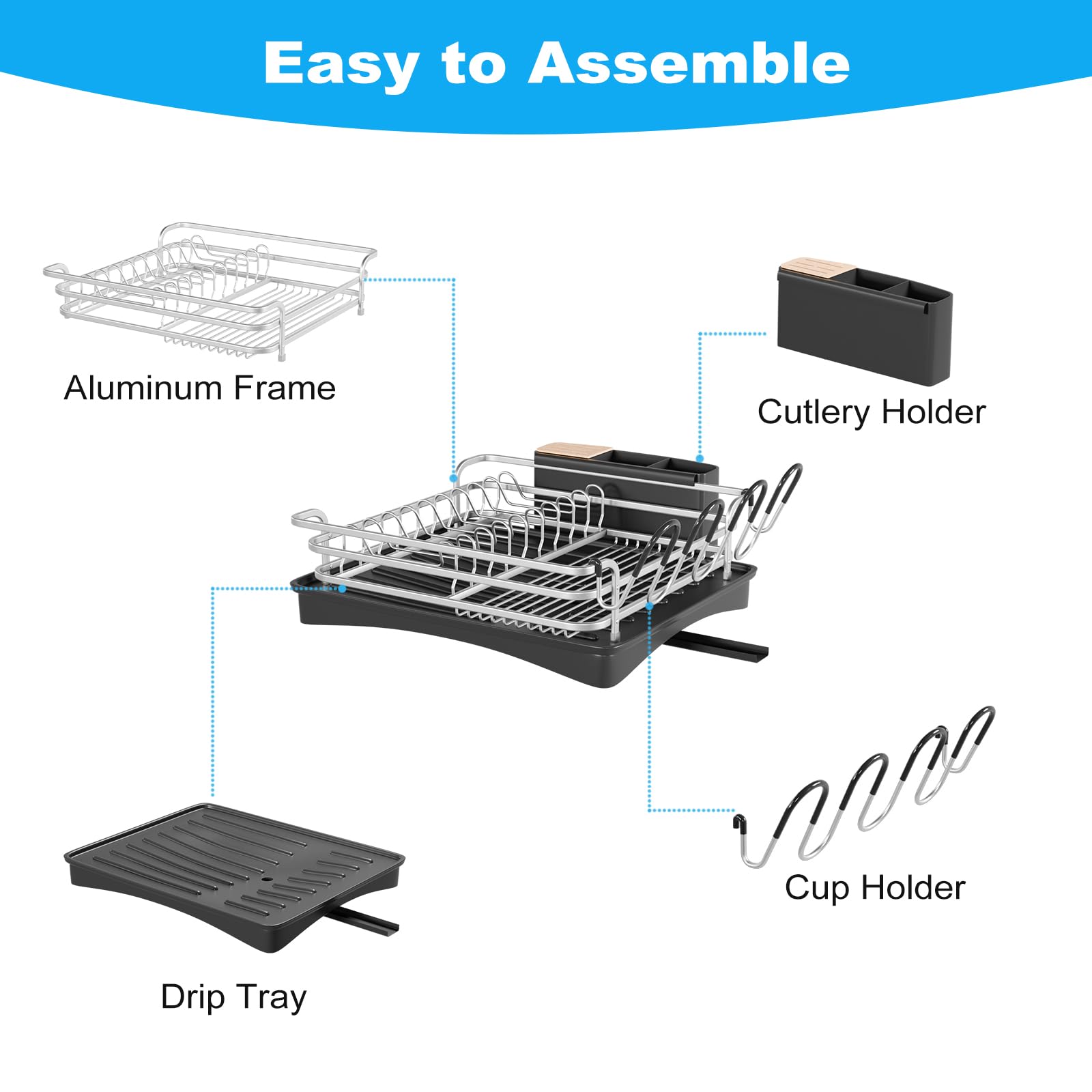 BRIAN & DANY Aluminum Dish Drying Rack with 360° Swivel Spout – Silver