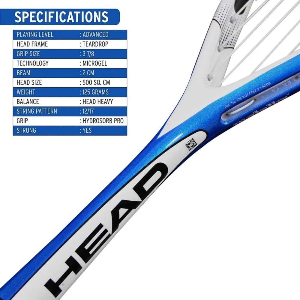 HEAD Microgel 125 Squash Racquet – Head Heavy 125g Frame - Blue/White