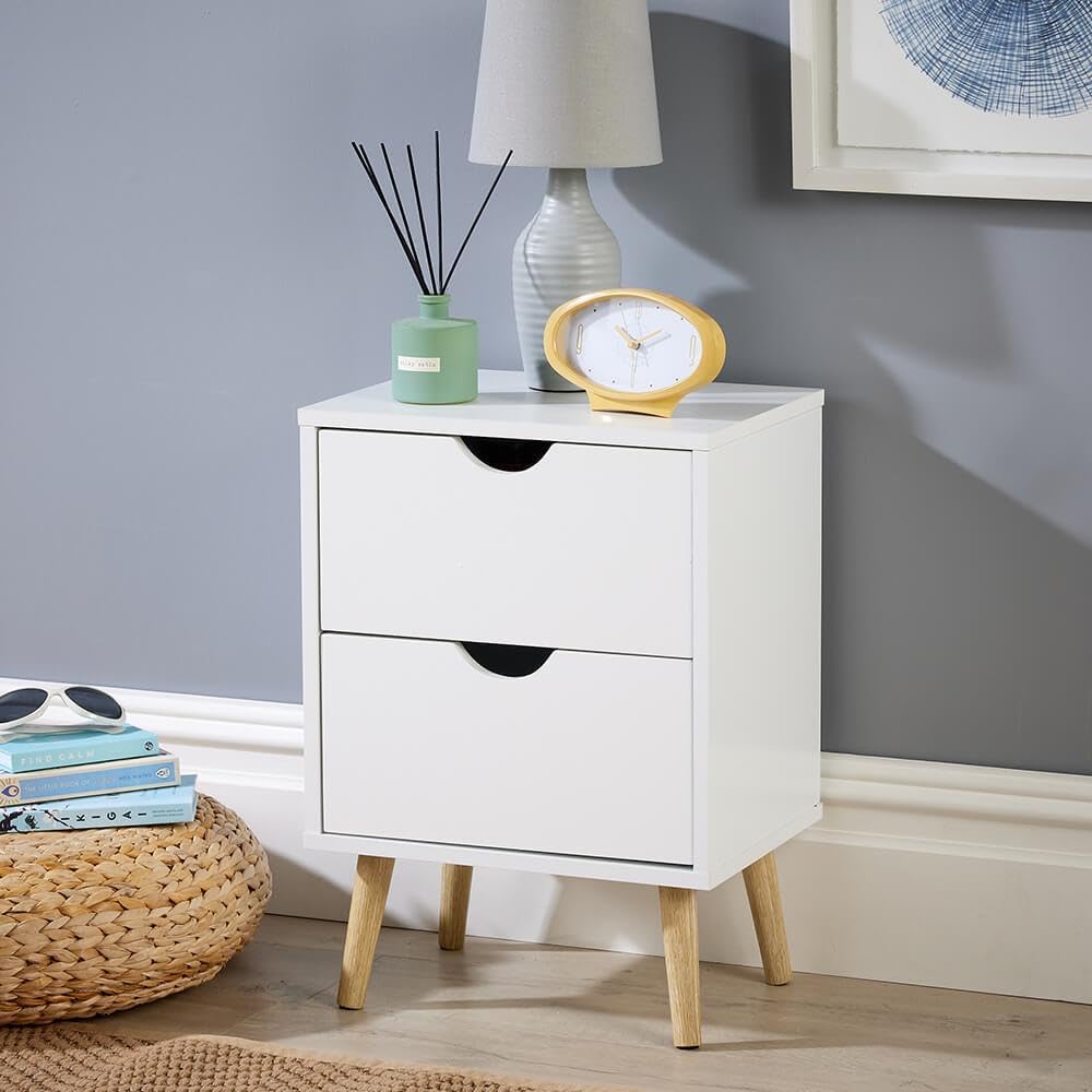 Home Source Skara 2 Drawer Bedside Cabinet | White Scandi Nightstand