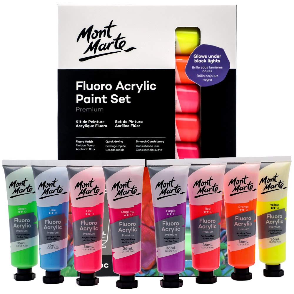 Mont Marte Fluorescent Neon Acrylic Paint Set - 8 Colors x 36ml