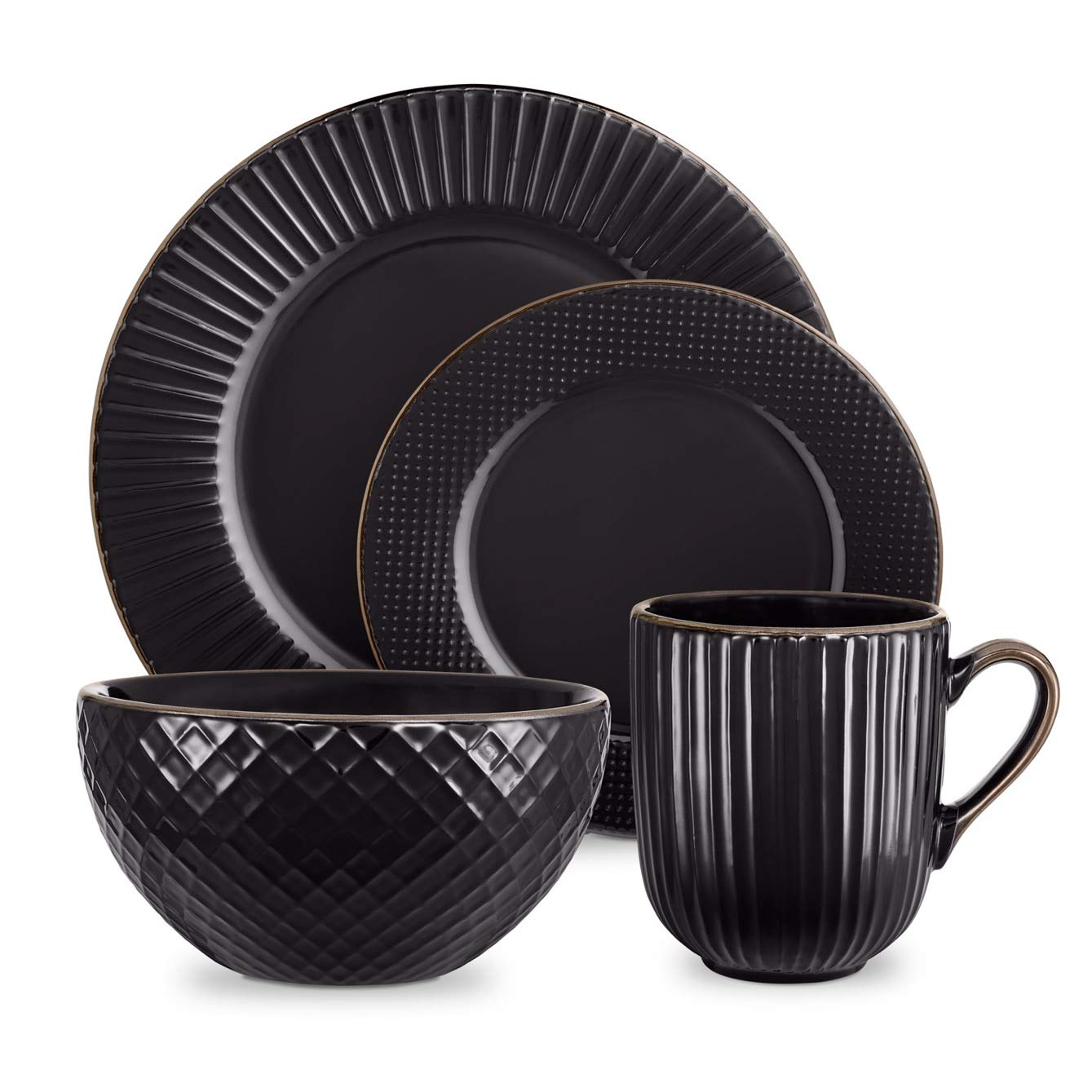 Tower Empire 16 Piece Dinnerware Set | Art Deco Stoneware - Black & Brass