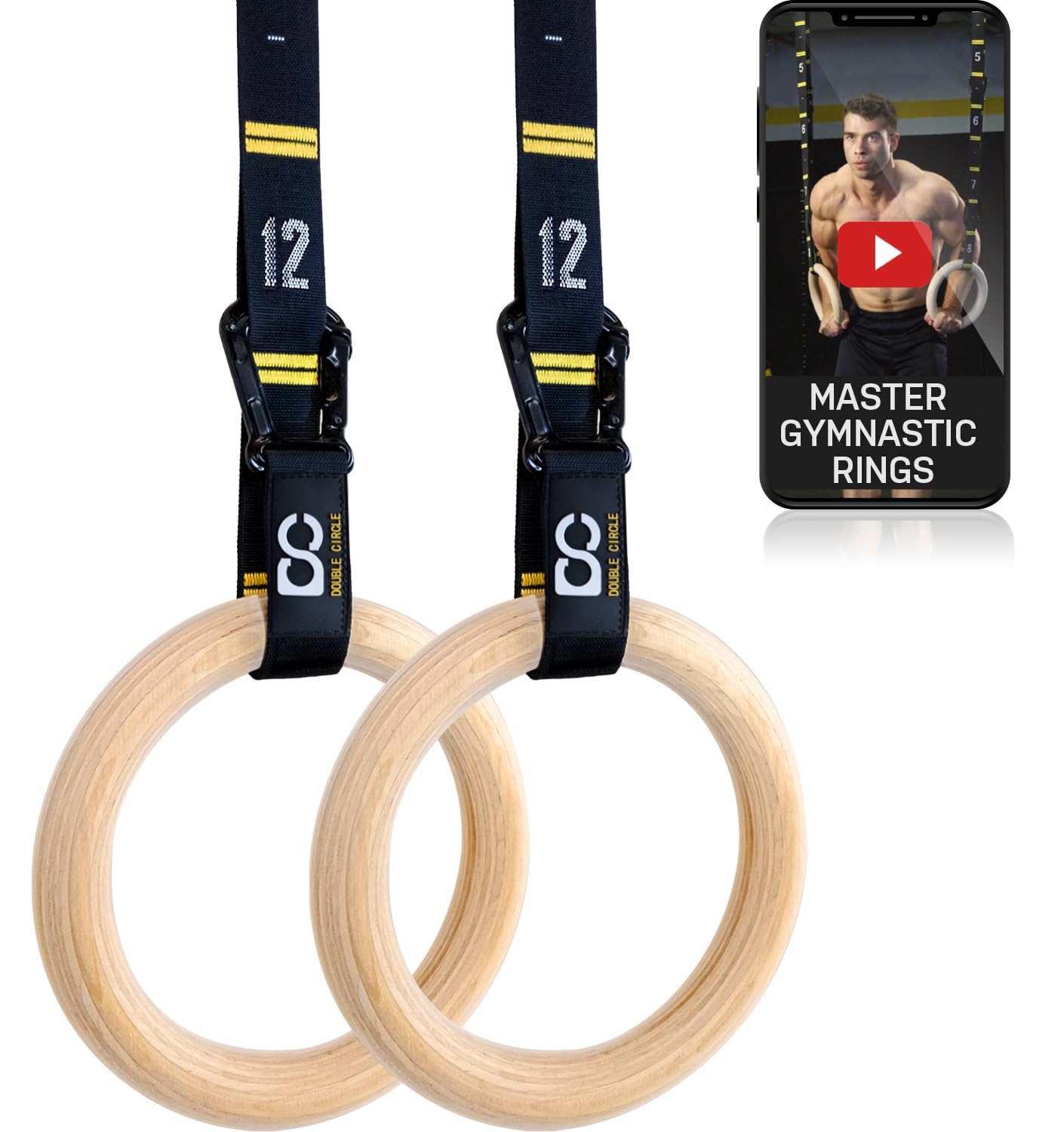 Double Circle Wood Gymnastic Rings | 1.25" Rings with Numbered Straps