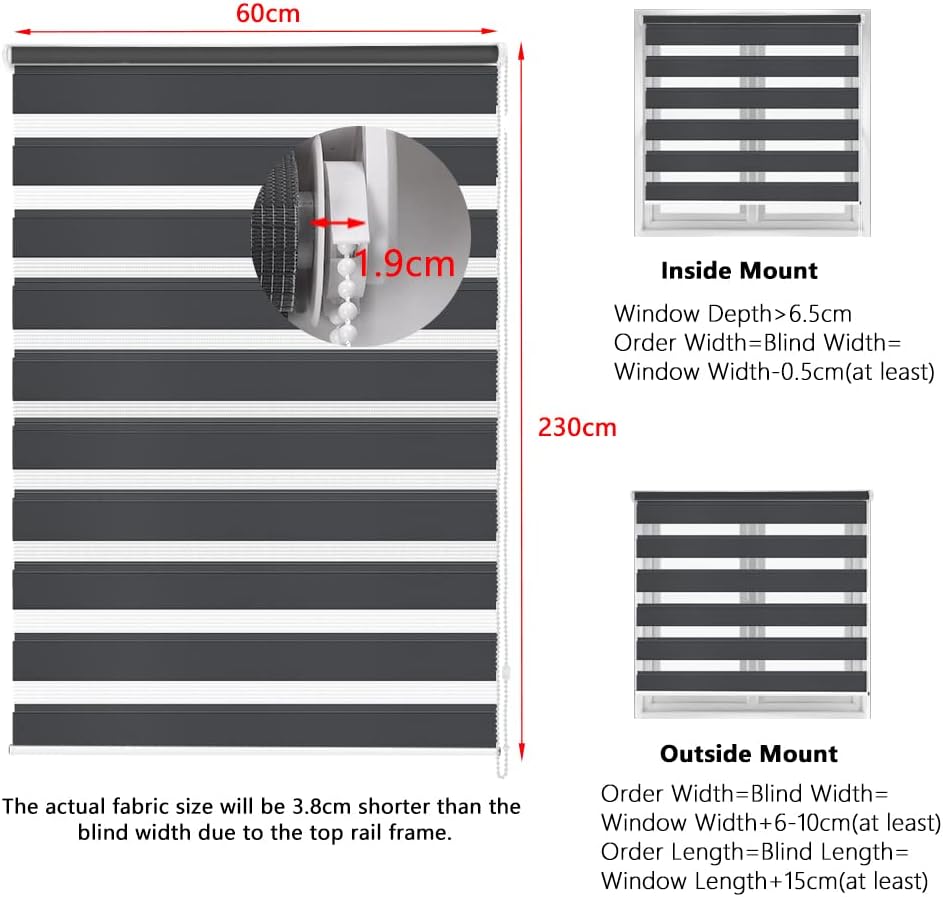 Kokorona Zebra Roller Blind - Dark Grey Light Filtering Shade - 60x230cm