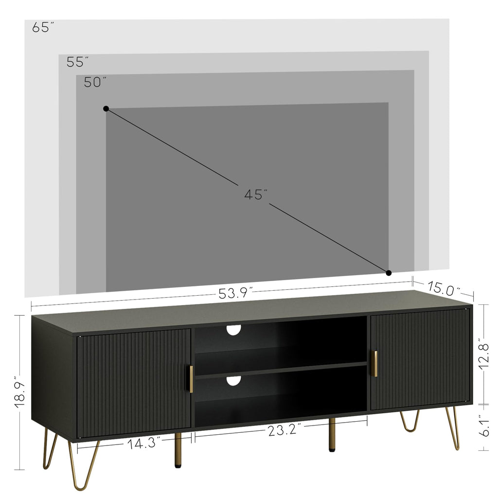 HEYZOEY Black Fluted TV Stand, 2 Cabinets, Gold Legs, for TVs up to 65 in - image 2