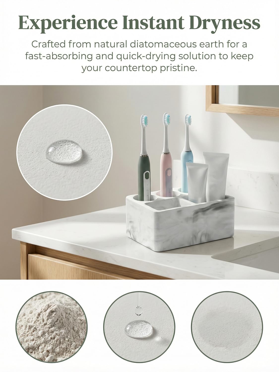 Zipplunk Diatomite Toothbrush Holder, Toothpaste Holder Marble White