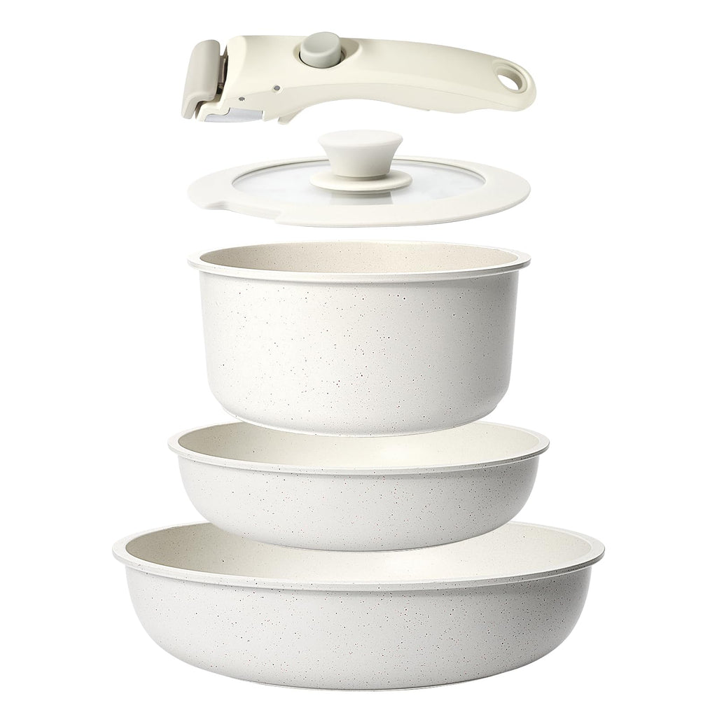 GiPP 5-Piece Nonstick Cookware Set with Detachable Handle – White