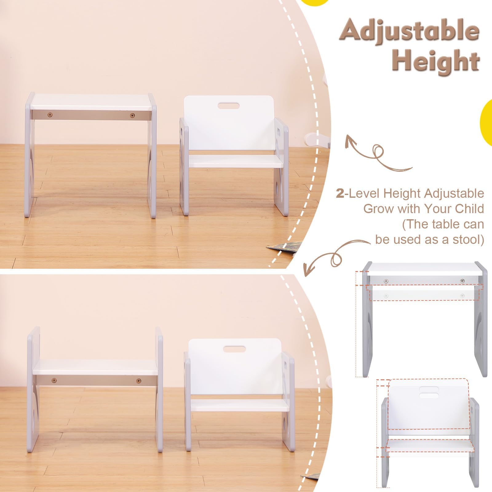 FUNLIO Montessori Weaning Table and Chair Set | Adjustable Pine Wood - Grey