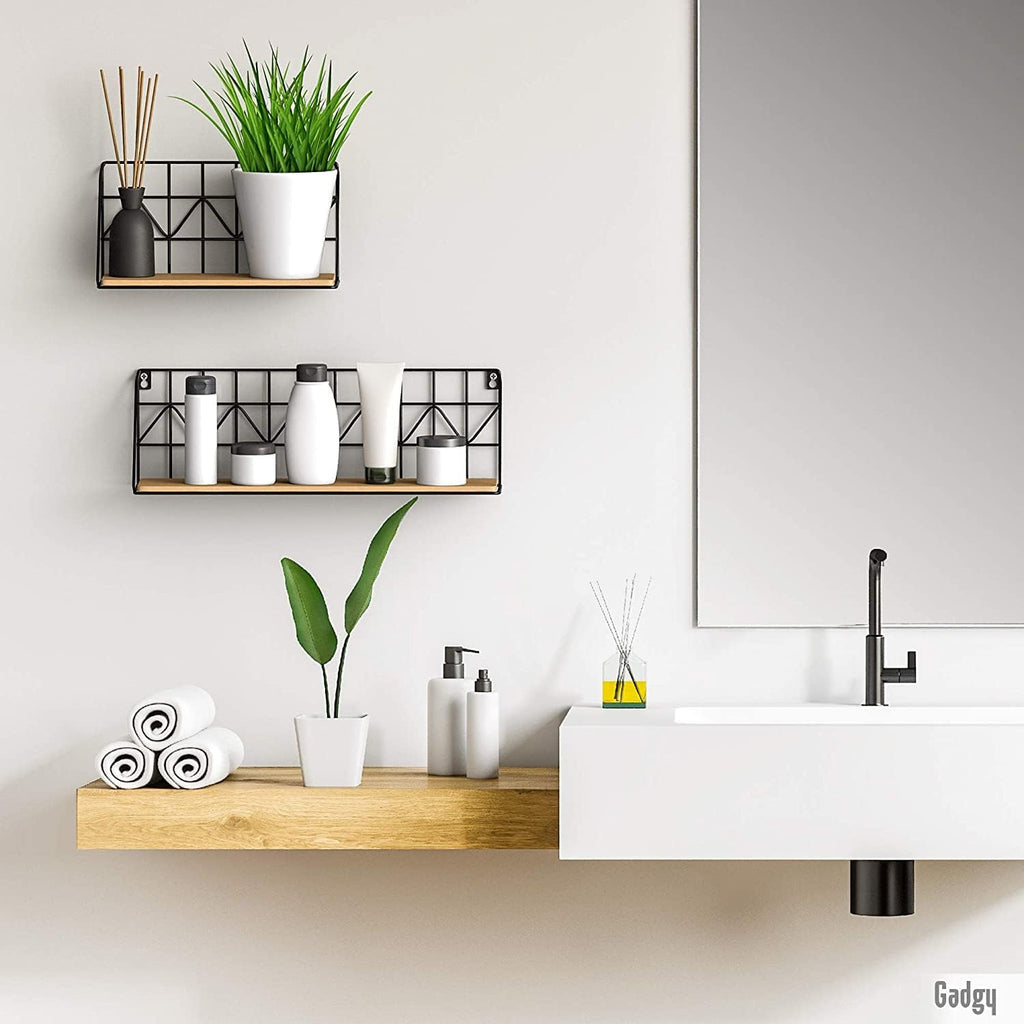 Gadgy Floating Wall Shelves – 2-Piece Rustic Wood & Black Metal Set
