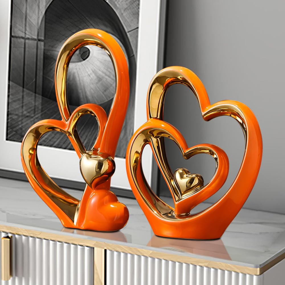 Double Heart Ceramic Sculpture – Modern Gold & Orange Ornament
